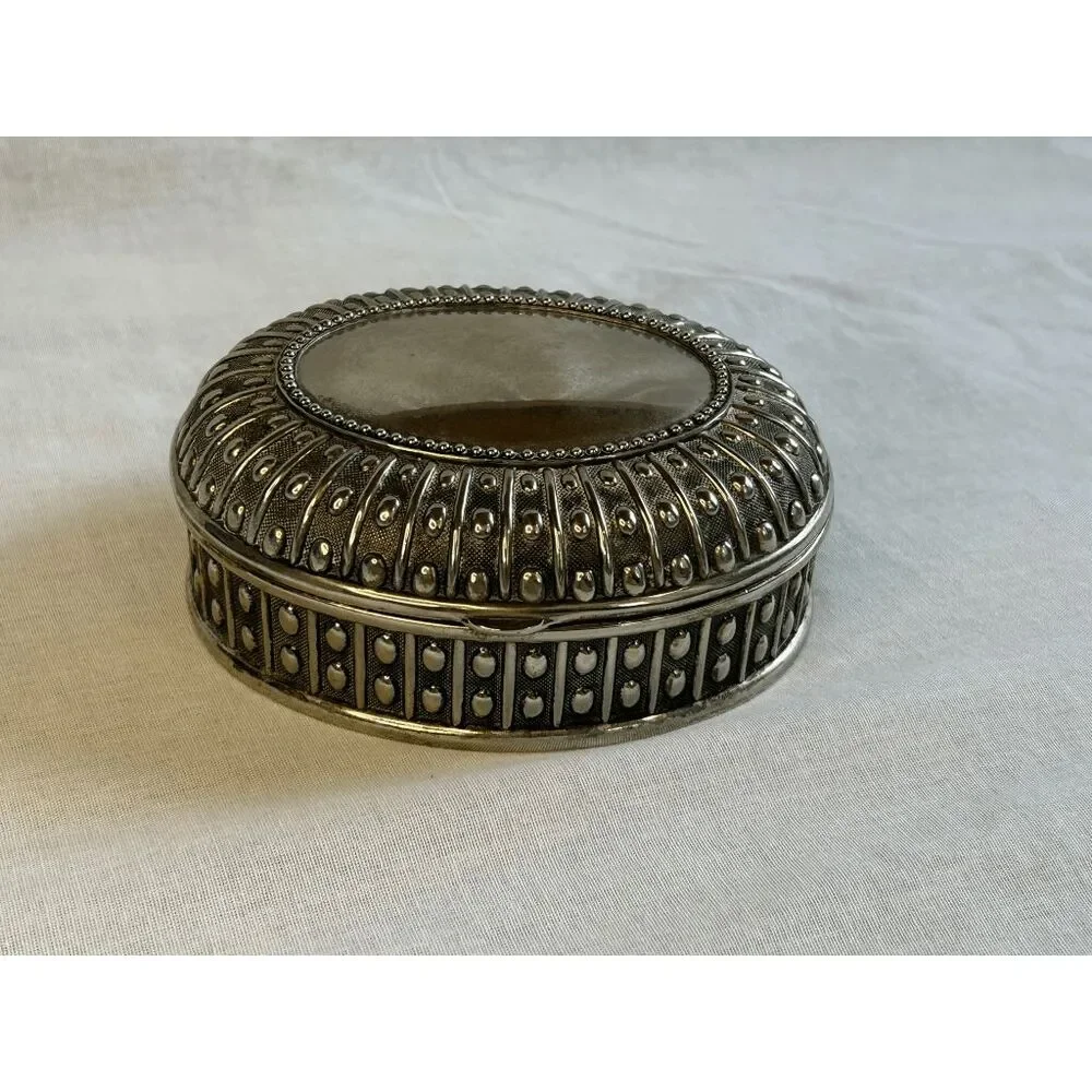 Silver Toned Small Jewelry Box, Blue Lined, 5X4, Raised Details, Classic